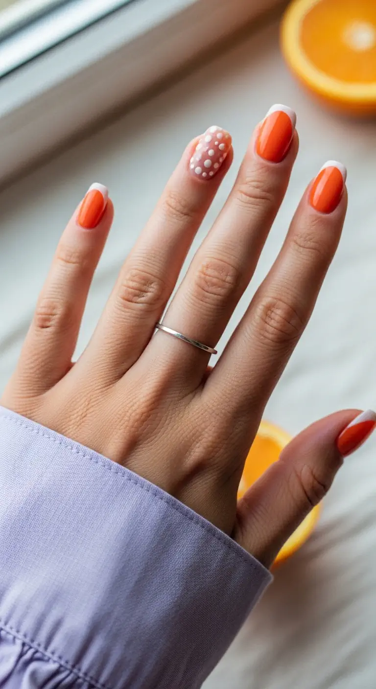Short oval nails with bright orange French tips and one accent nail featuring a sheer orange base with white polka dots