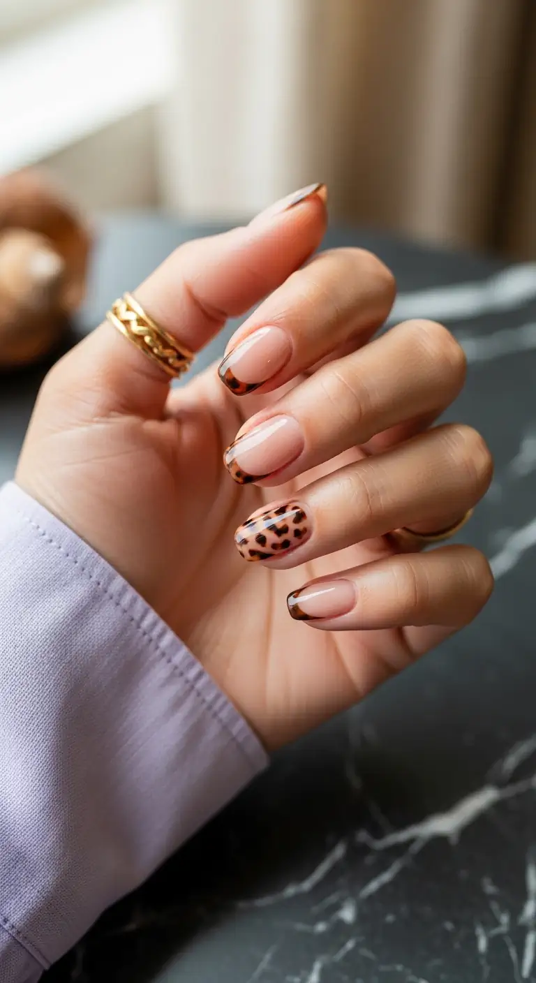 Short squoval nails with a nude base, tortoiseshell French tips, and one full tortoiseshell accent nail