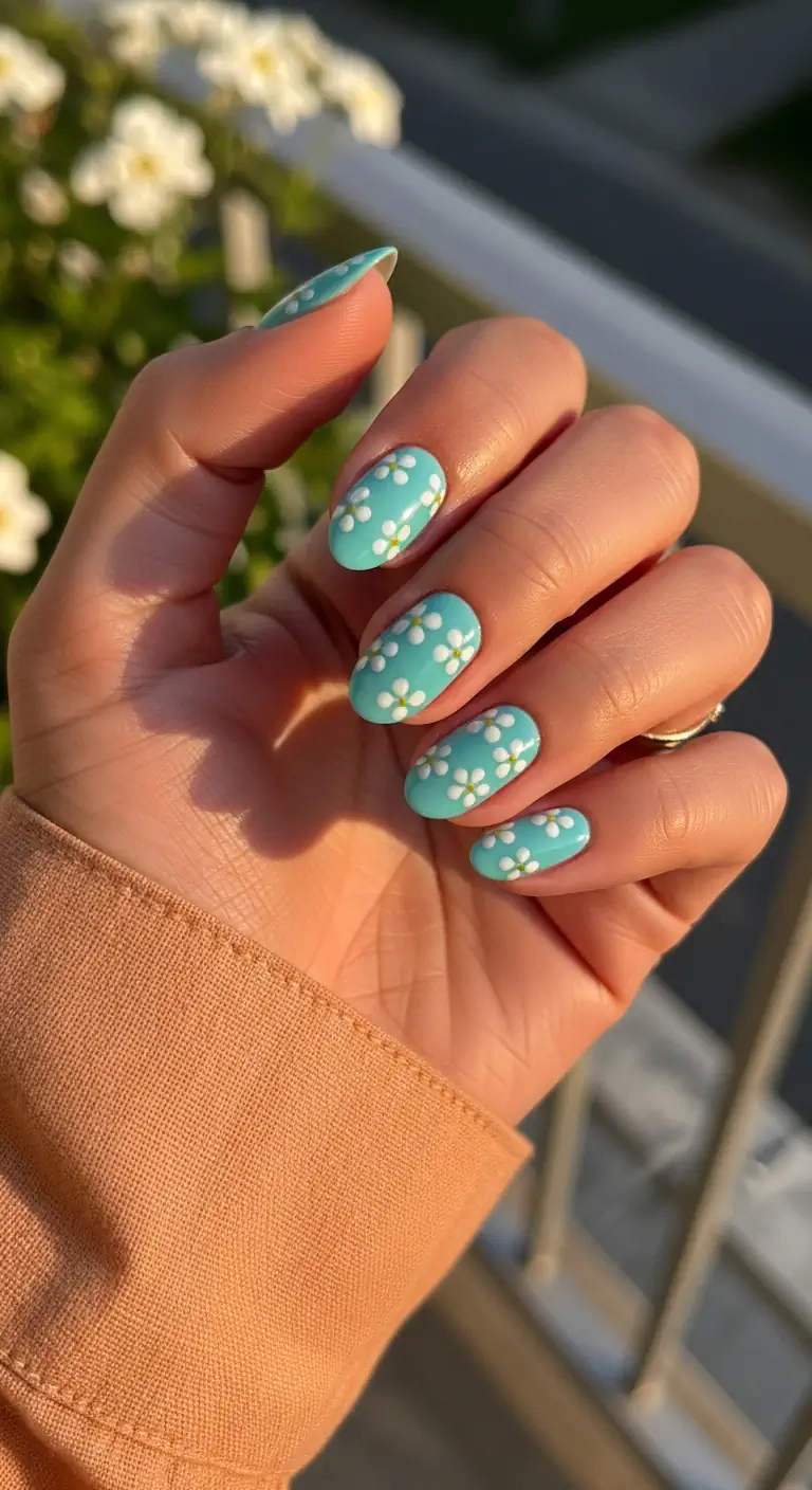 Short oval nails painted a bright turquoise blue and covered in scattered white and yellow daisy art