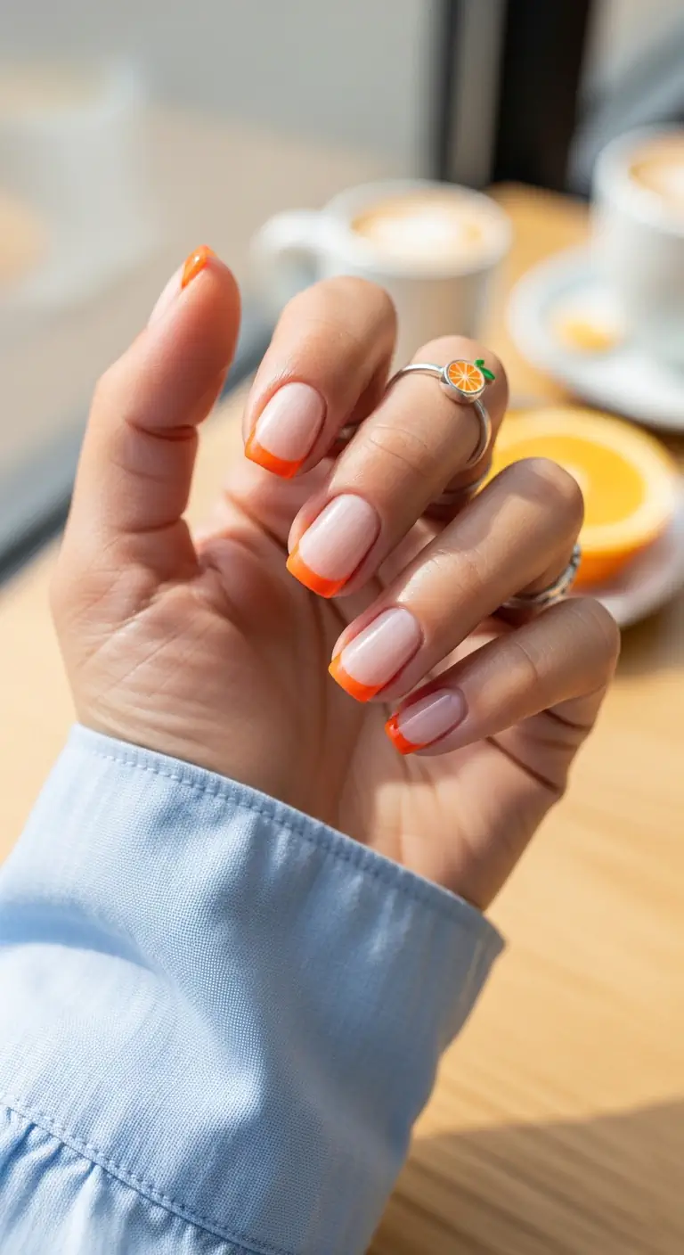 Short squoval nails with a natural nude base and bright tangerine orange French tips