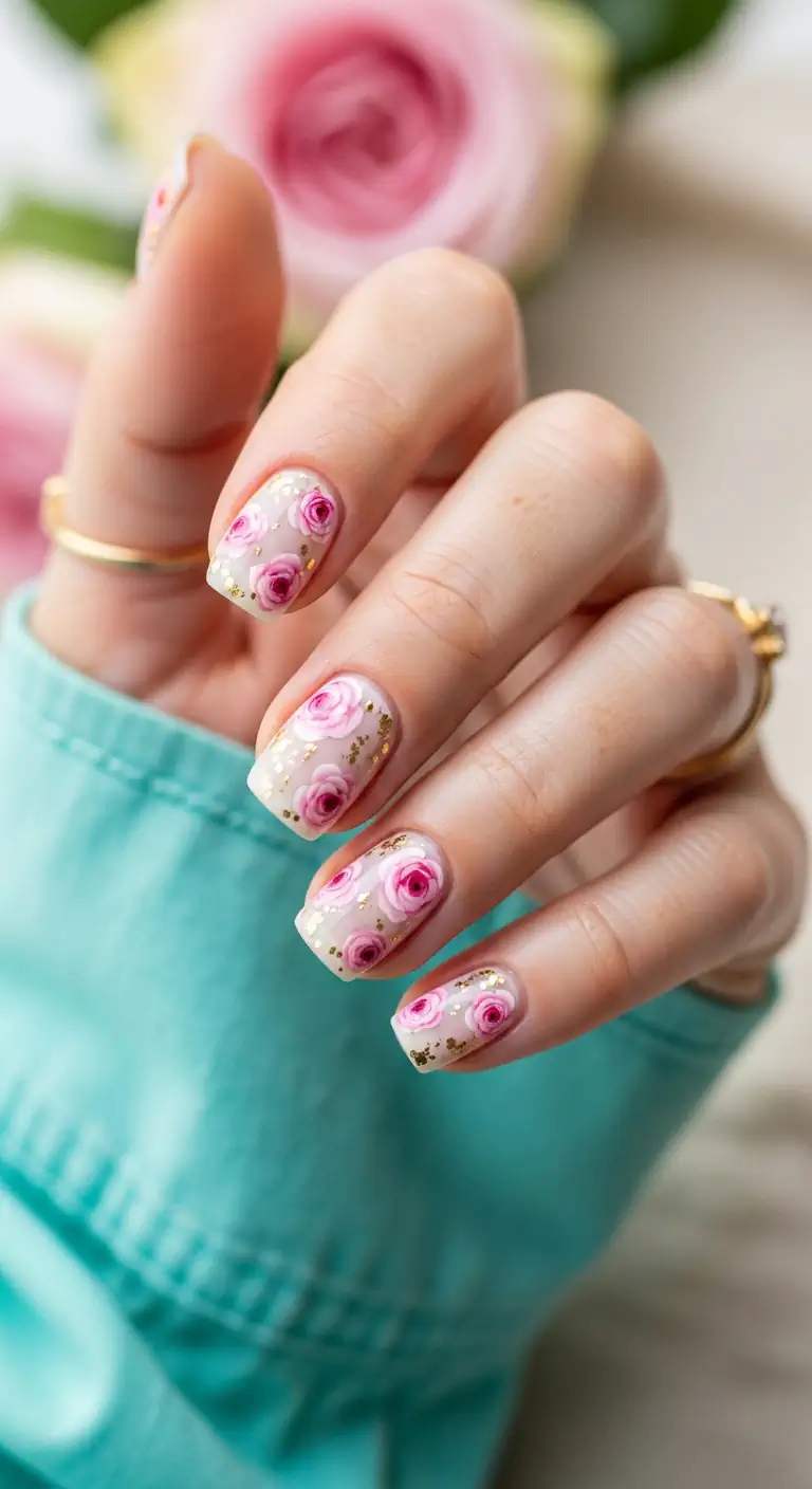 Short square nails with a milky base, hand-painted pink roses, and scattered gold foil flakes