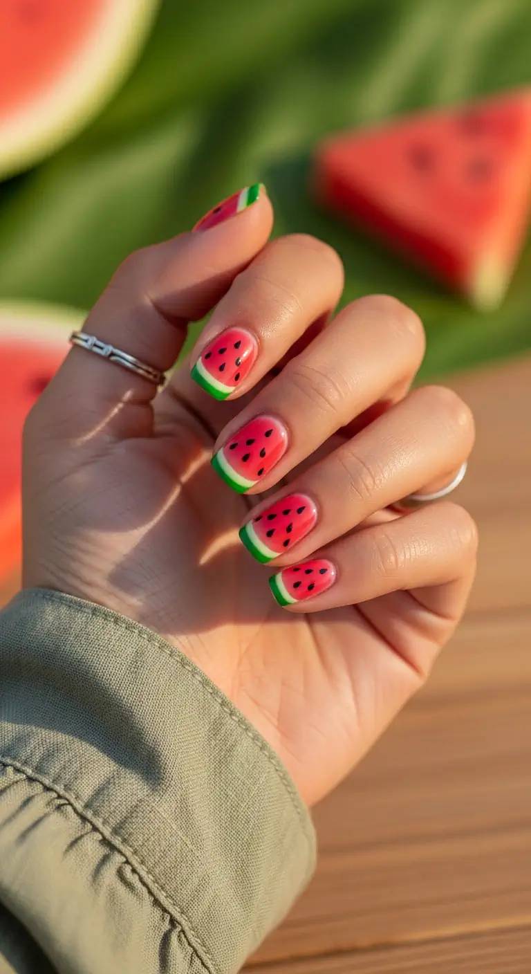 Pinky-red short square nails with green French tips and tiny black watermelon seeds