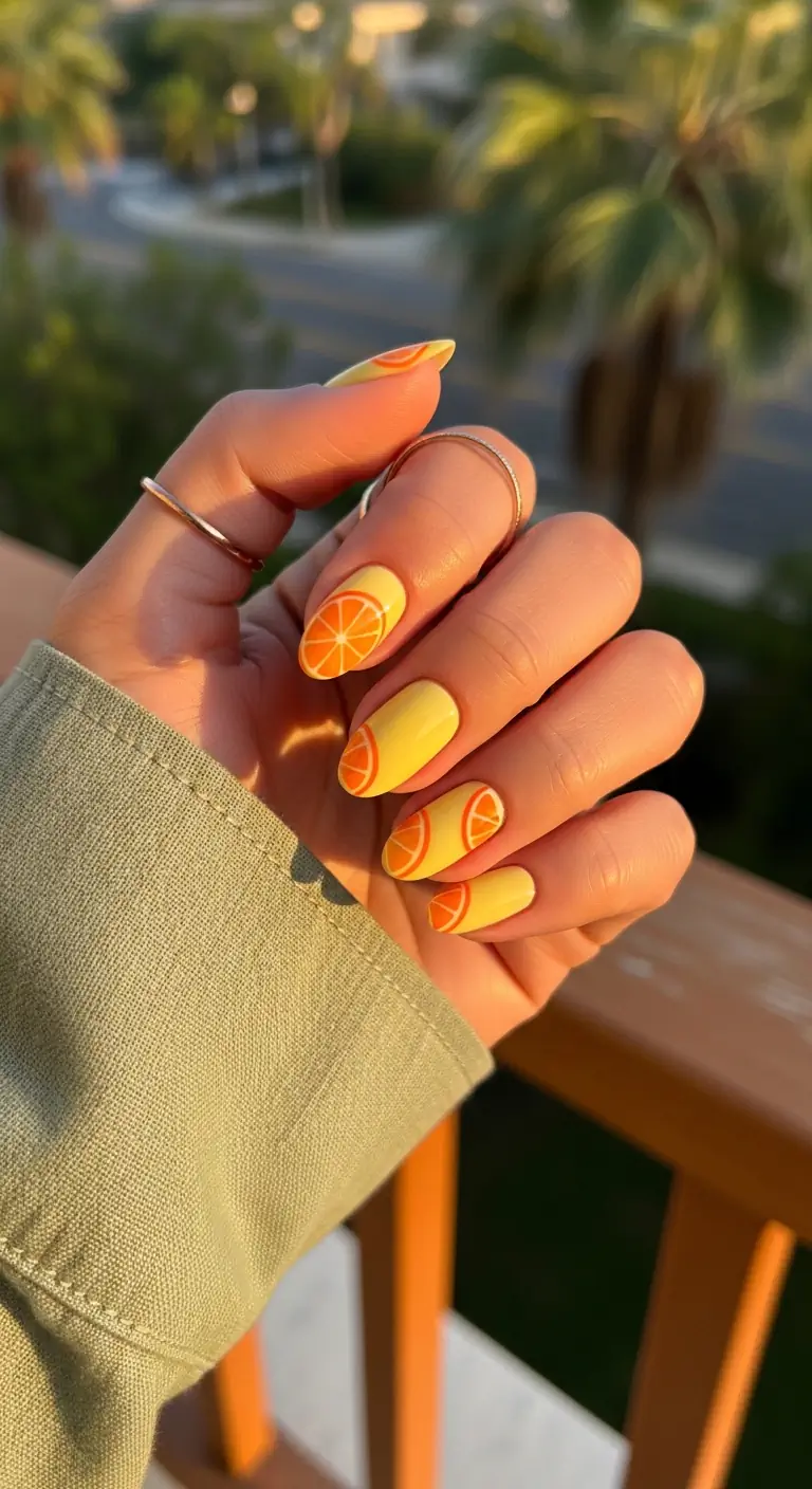 Short oval nails with a bright lemon-yellow base and hand-painted orange slice half-moons