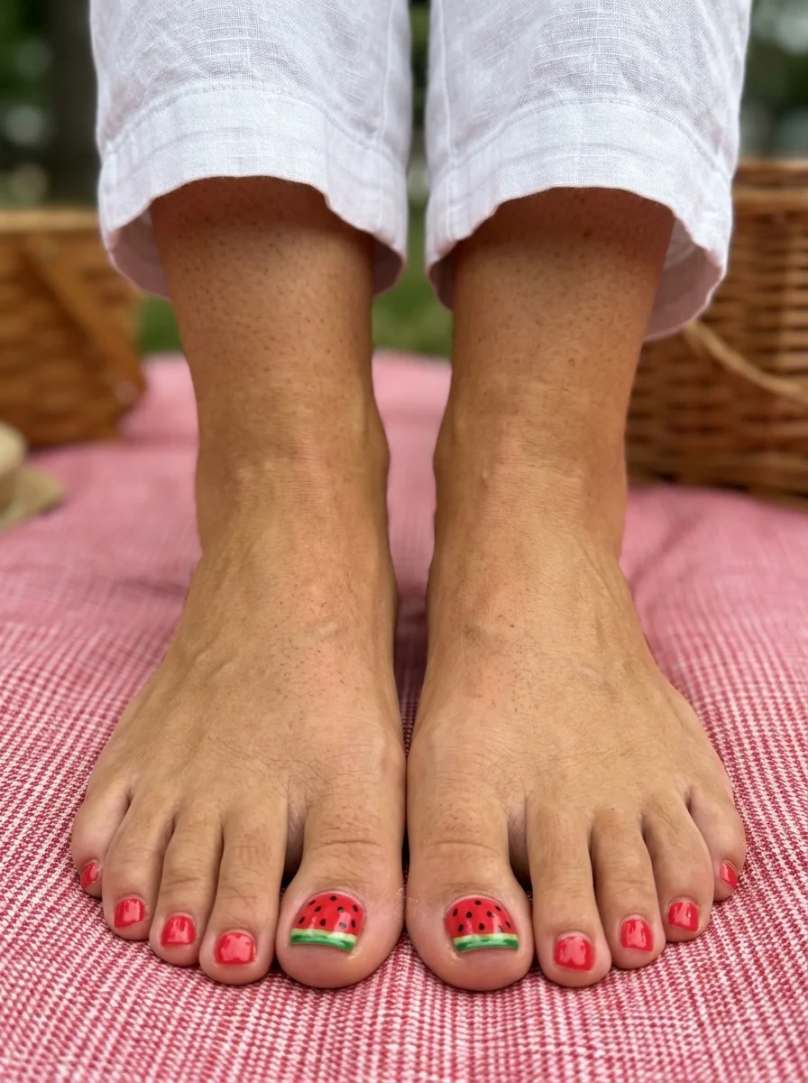 Short toe nails with bright red polish and watermelon art on the big toes.