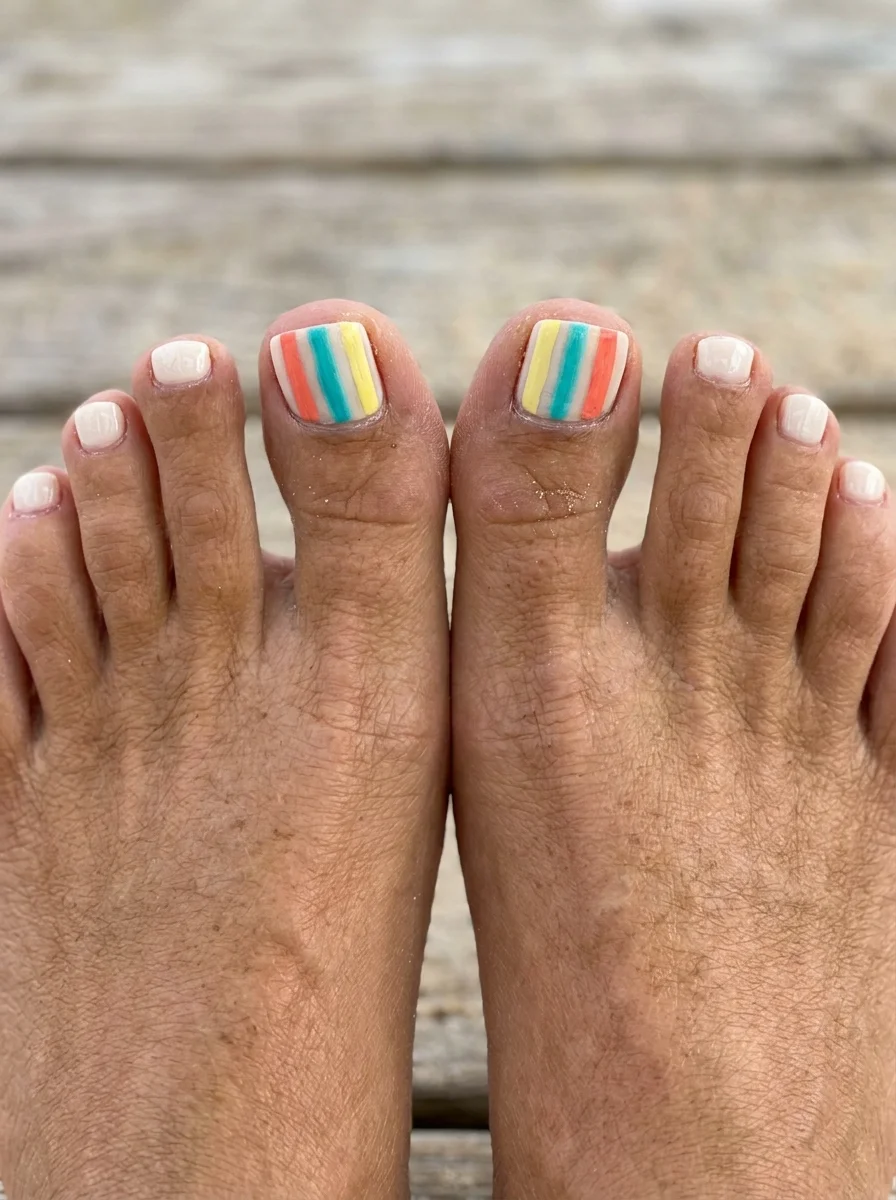 White toe nails with vertical stripes in teal, yellow, and coral on the big toes.