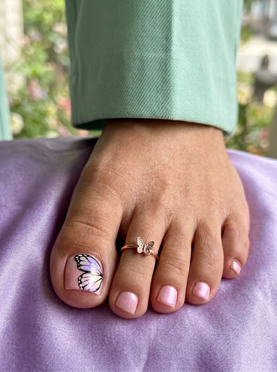 Pale pink iridescent toe nails with a butterfly wing design on the big toe.