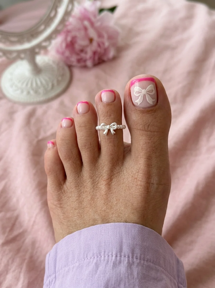 Milky white toe nails with hot pink French tips and a 3D white bow on the big toe.