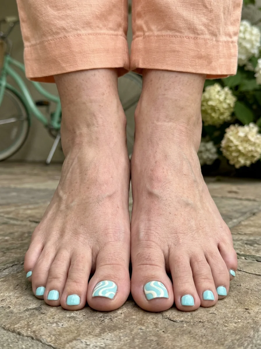 Mint green toe nails with white and teal abstract swirl designs.
