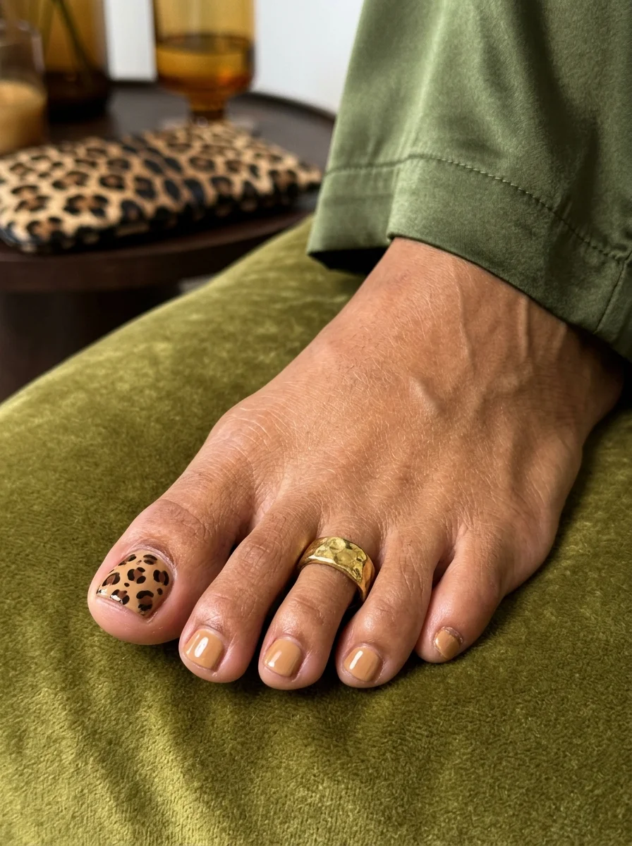 Tan toe nails with a leopard print design on the big toe.