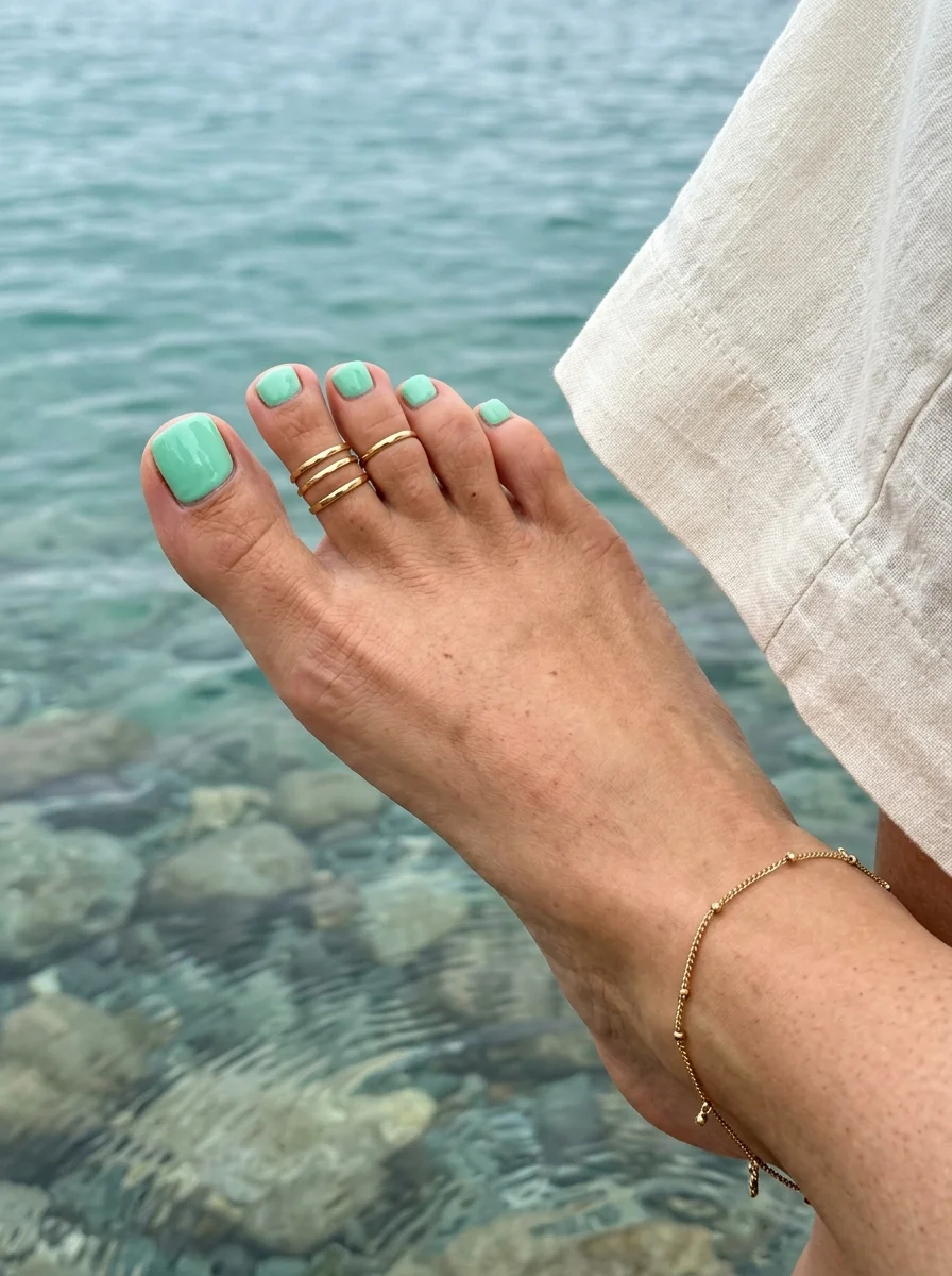 Solid seafoam mint green toe nails with a high-gloss finish.