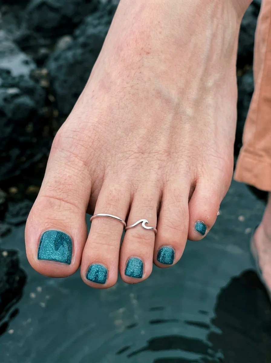Solid deep teal blue toe nails with a heavy glitter/shimmer finish.