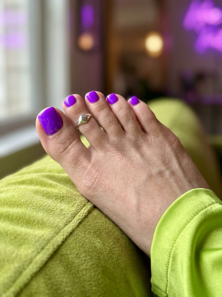 Solid neon purple toe nails with a high-gloss finish.