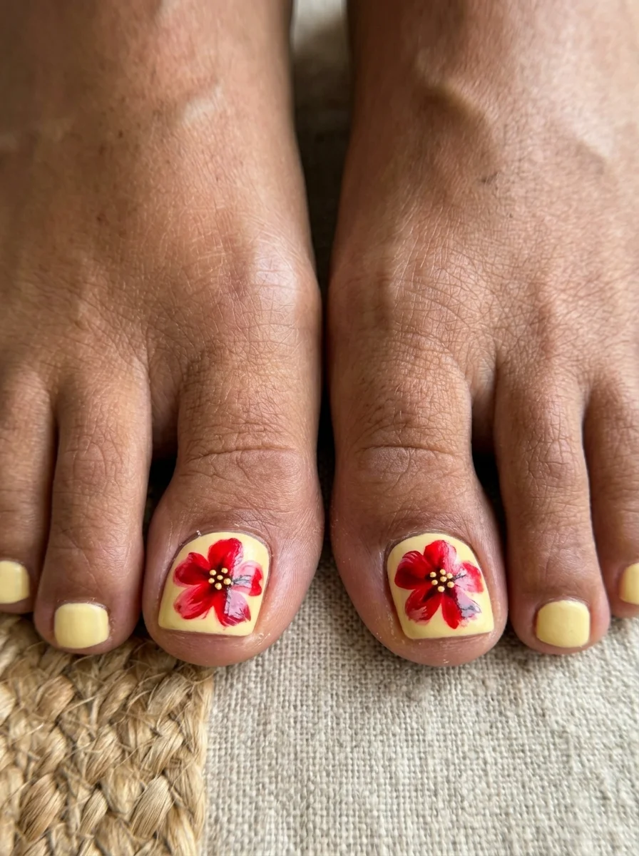 Pale yellow toe nails with a red hibiscus flower painted on the big toes.