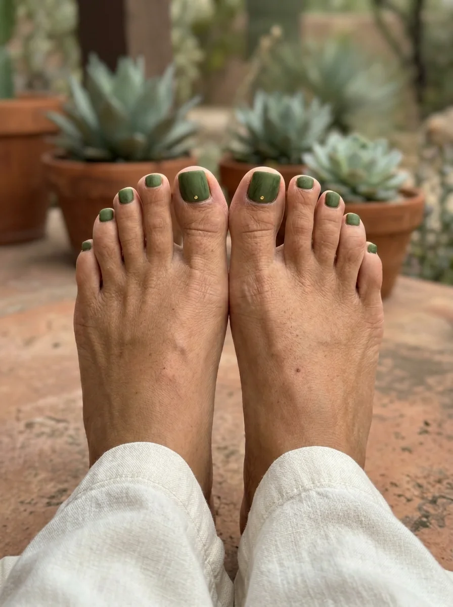 Matte olive green toe nails with a tiny gold stud on the big toes.