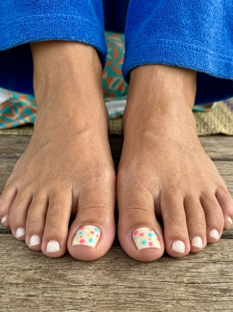 Milky white toe nails with multi-colored polka dots on the big toes.