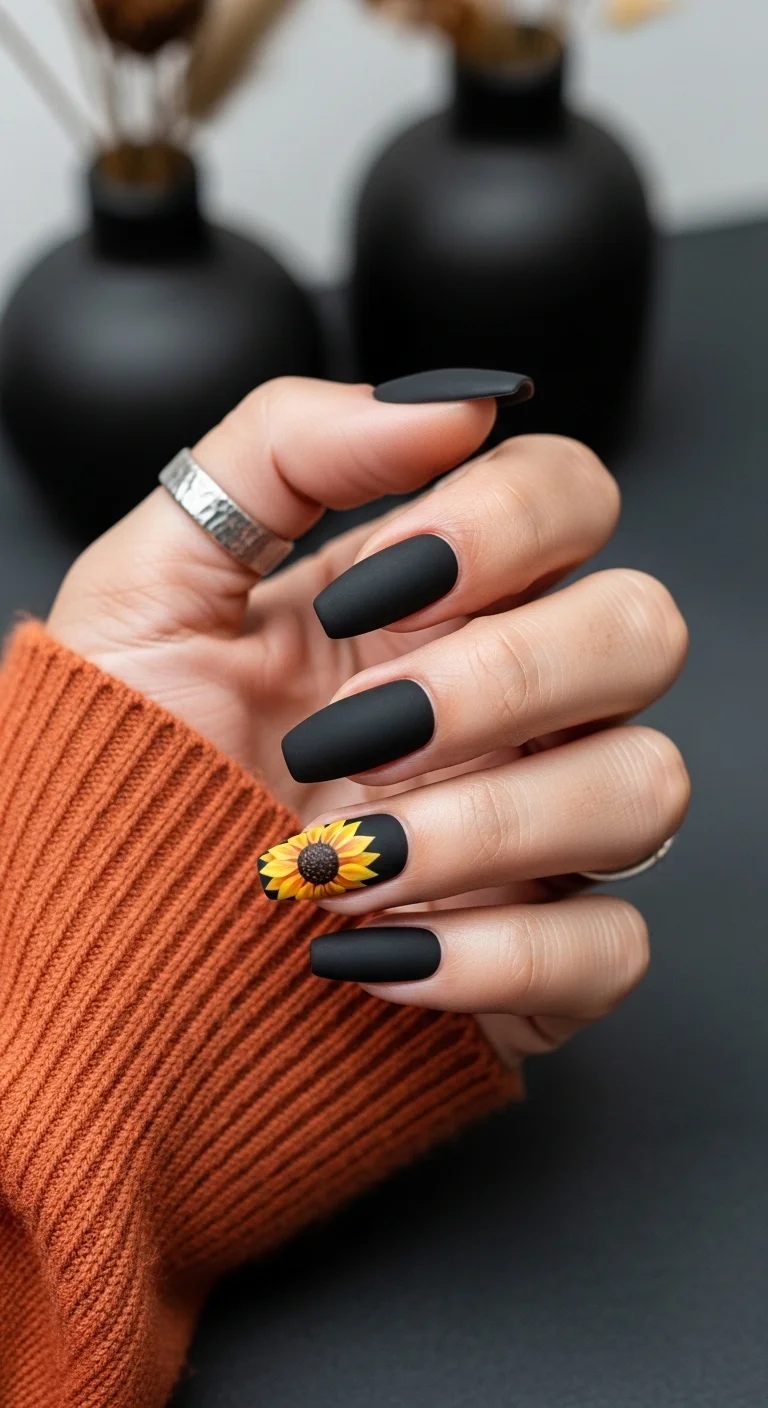 Long matte black coffin nails with a detailed sunflower accent on the ring finger.
