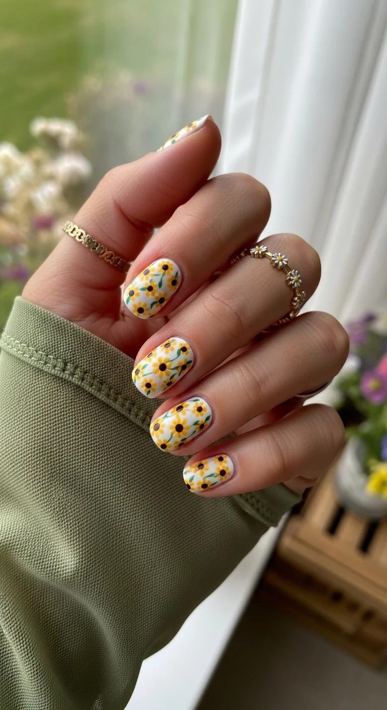 Short round nails with a white base and small, dense sunflower art.