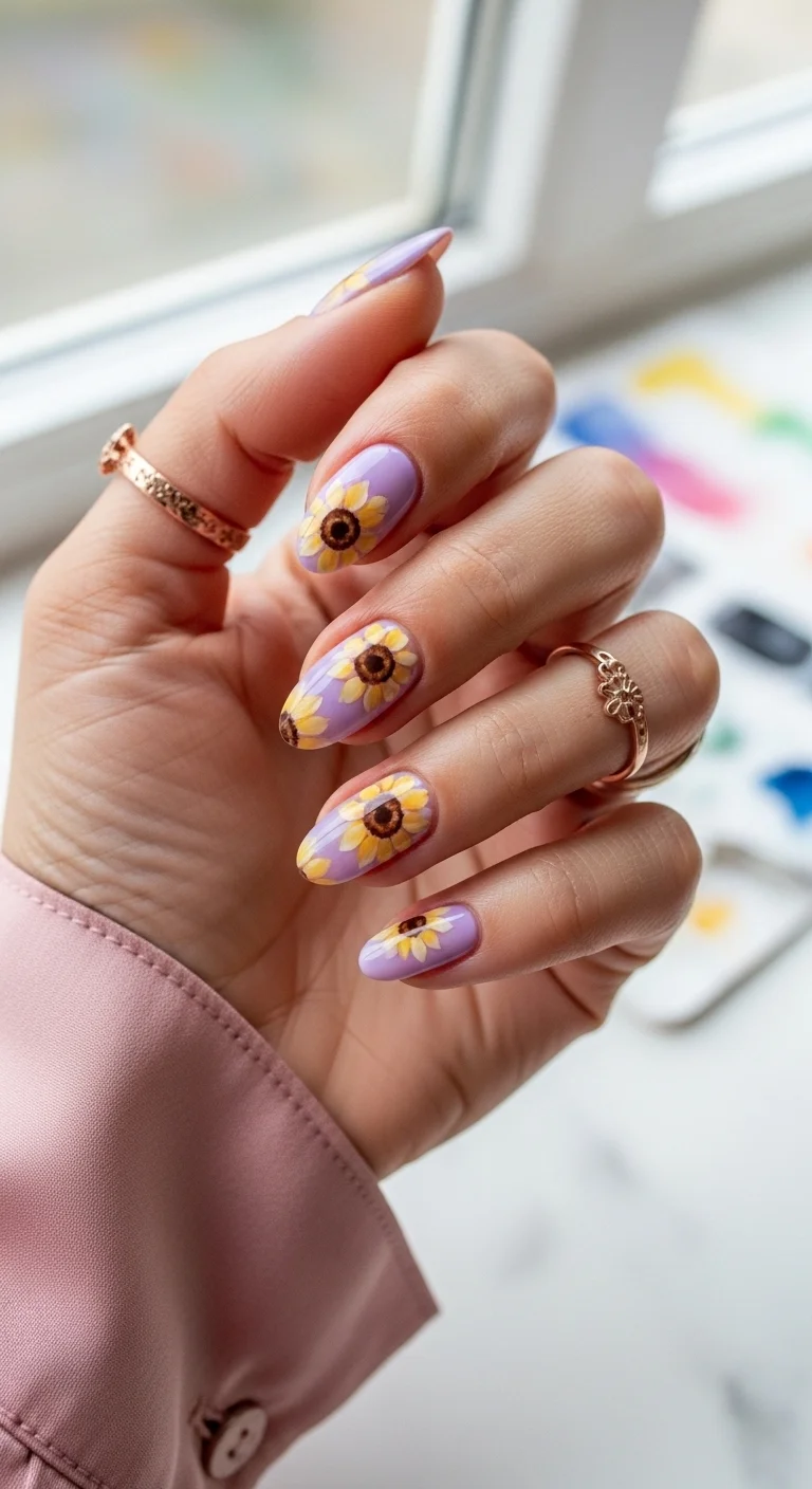 Almond nails with a soft lavender base and large, realistic sunflowers.