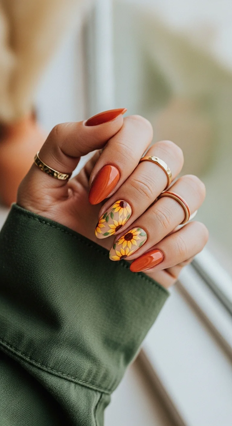 Almond nails with a rust orange base and intricate sunflower and leaf art.