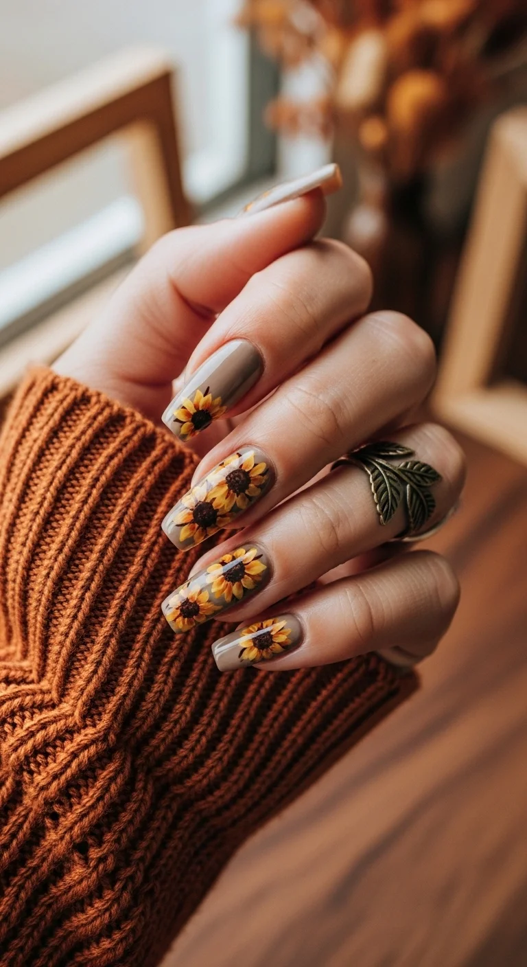 Long square nails with a taupe base and large sunflower heads.