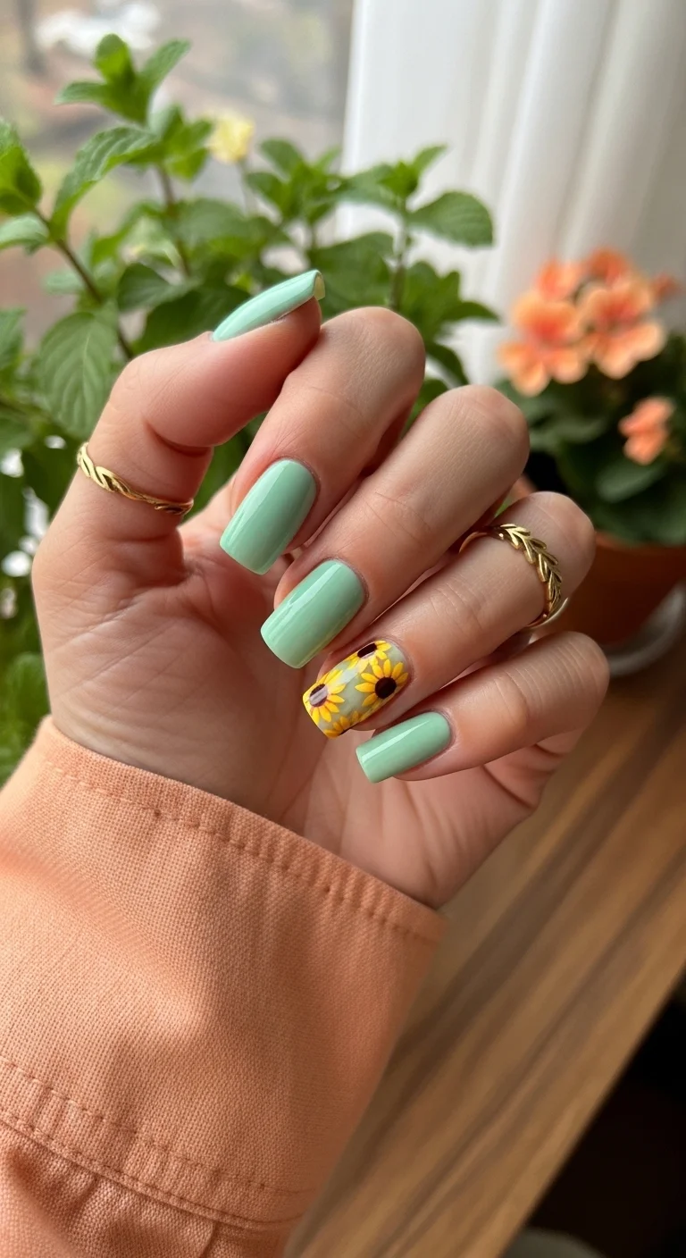 Square nails with a mint green base and a single sunflower accent on one nail.