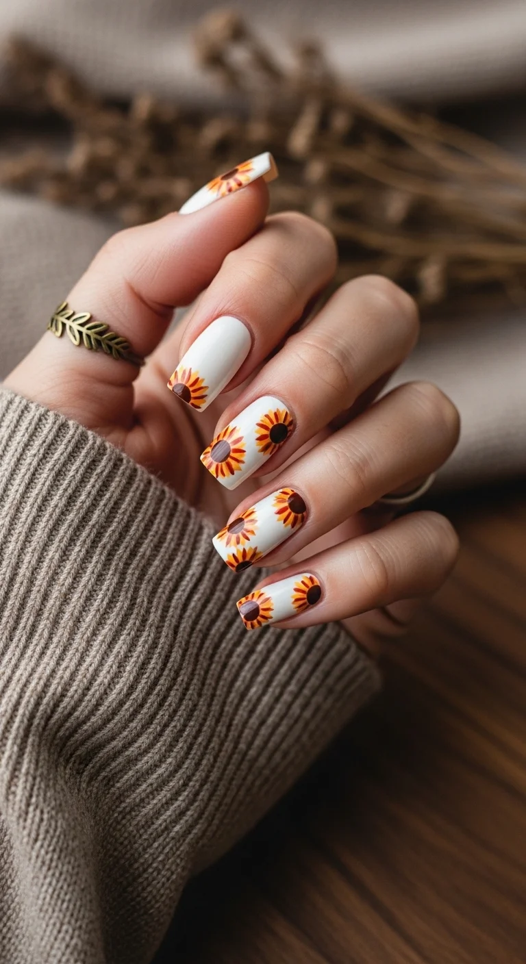 Square nails with a white base and sunflowers growing up from the cuticle area.