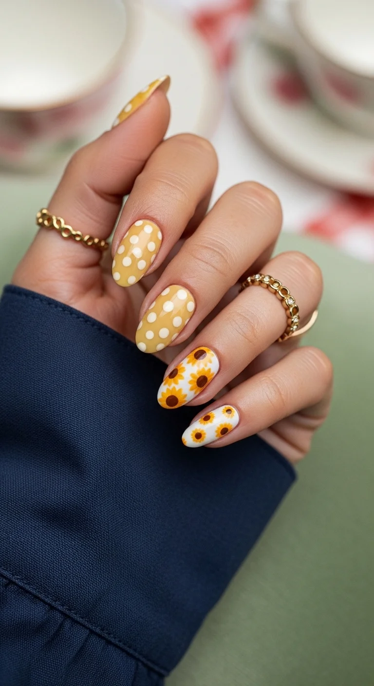 Almond nails with yellow and white polka dots mixed with sunflower accent art.