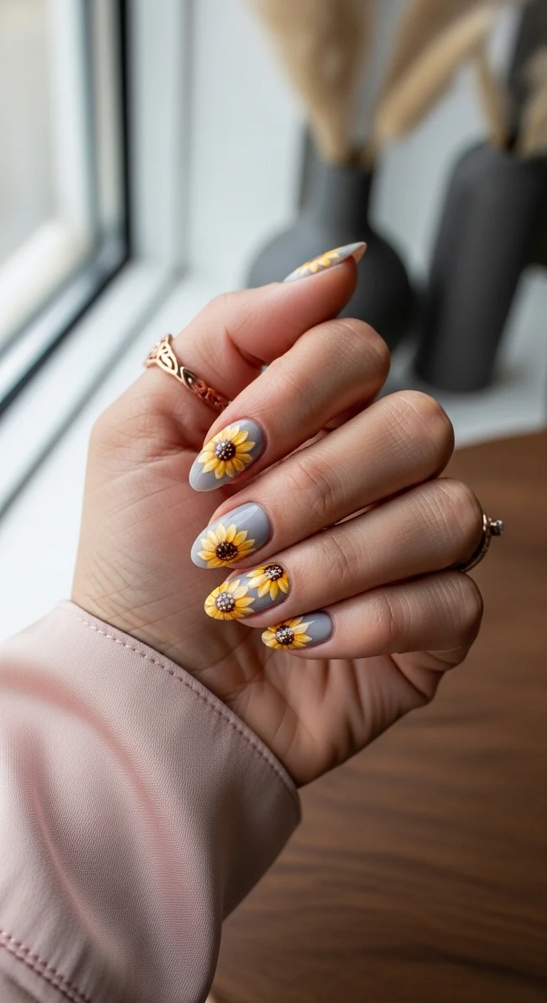 Almond nails with a dusty blue-grey base and sunflowers featuring tiny gems in the centers.