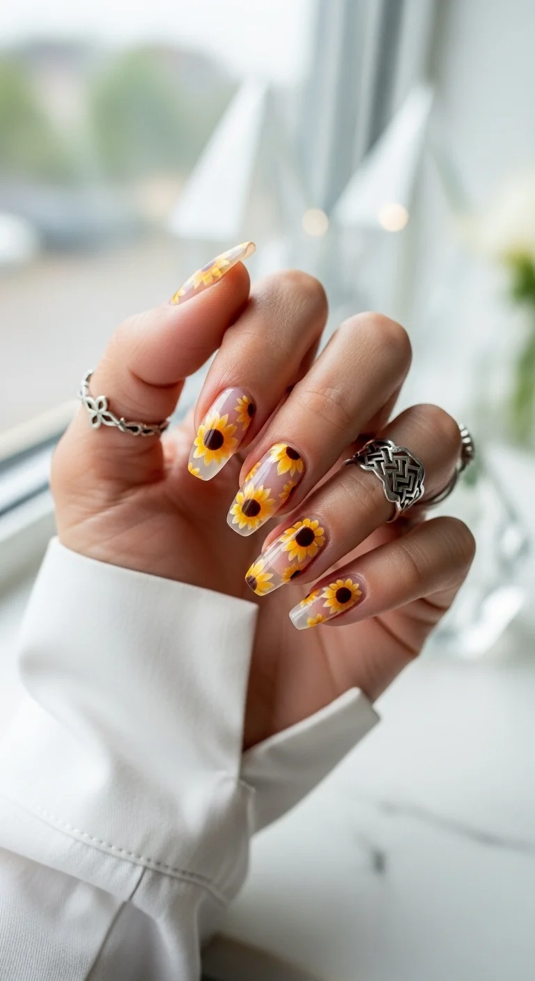 Long square nails with a clear base and large, bright yellow sunflower art.
