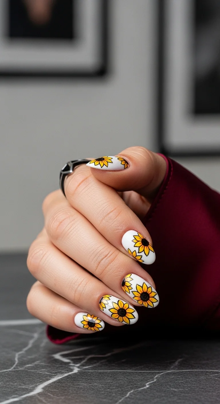 Almond nails with a white base and dense clusters of small sunflowers.