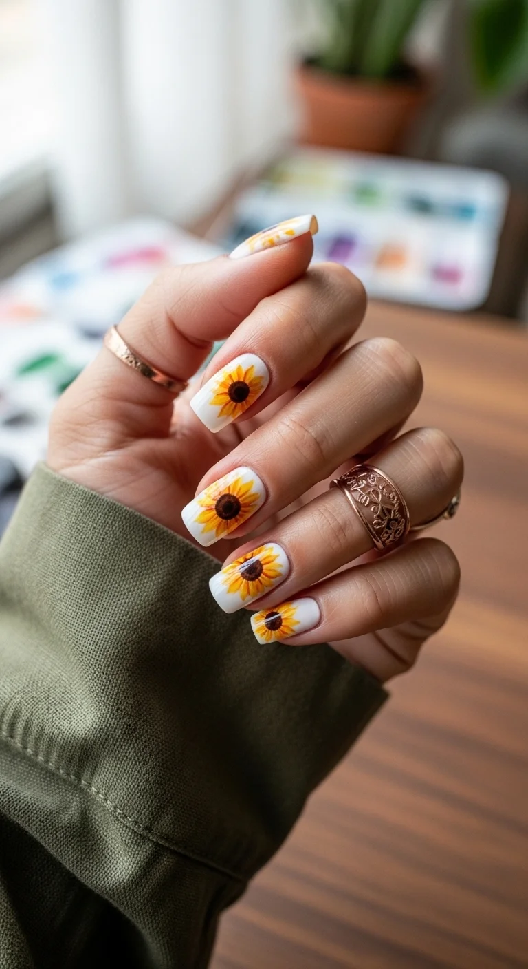 Square nails with a white base and a single, large sunflower on each nail.
