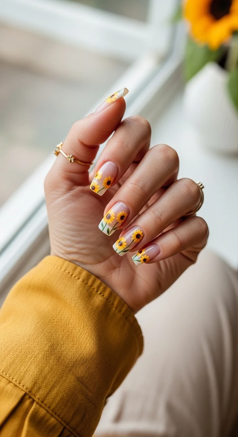 Square nails with a clear base featuring sunflowers with long green stems.