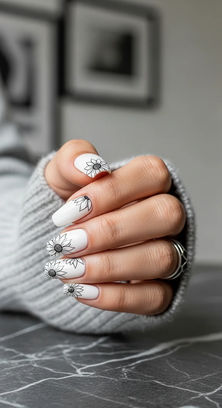 Coffin nails with a white base and black line-art sunflower sketches.