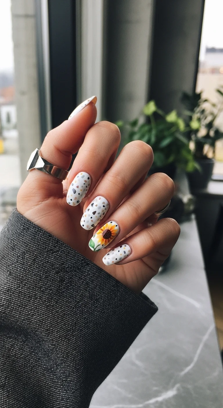 Almond nails with a white base, mixed terrazzo dots, and a sunflower accent.