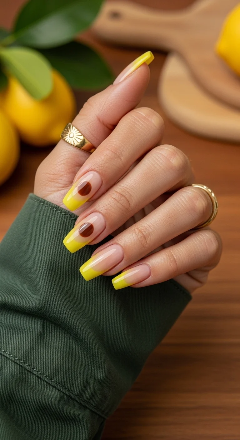 Square nails with a nude base and abstract yellow and brown circle designs.