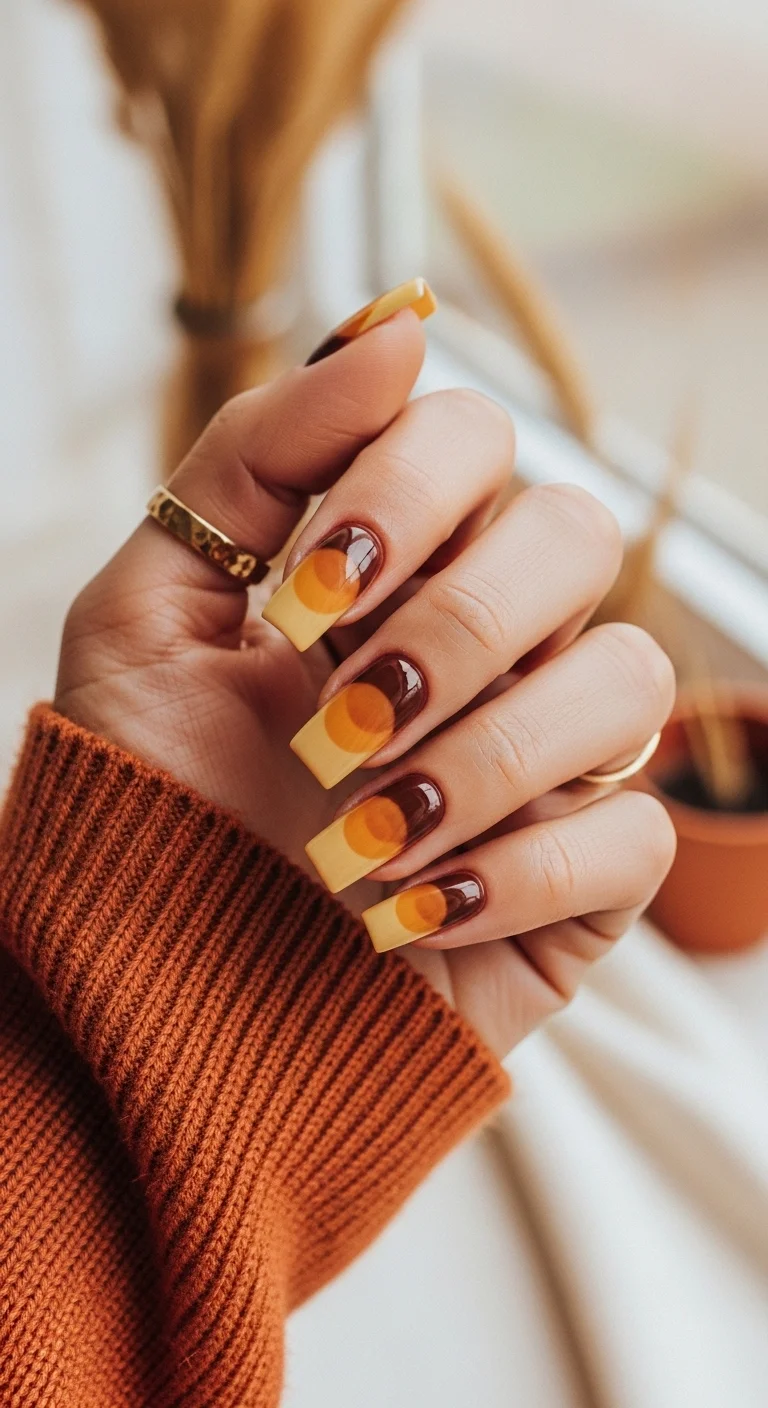 Long square nails with retro 70s style orange and yellow sunflower swirls.