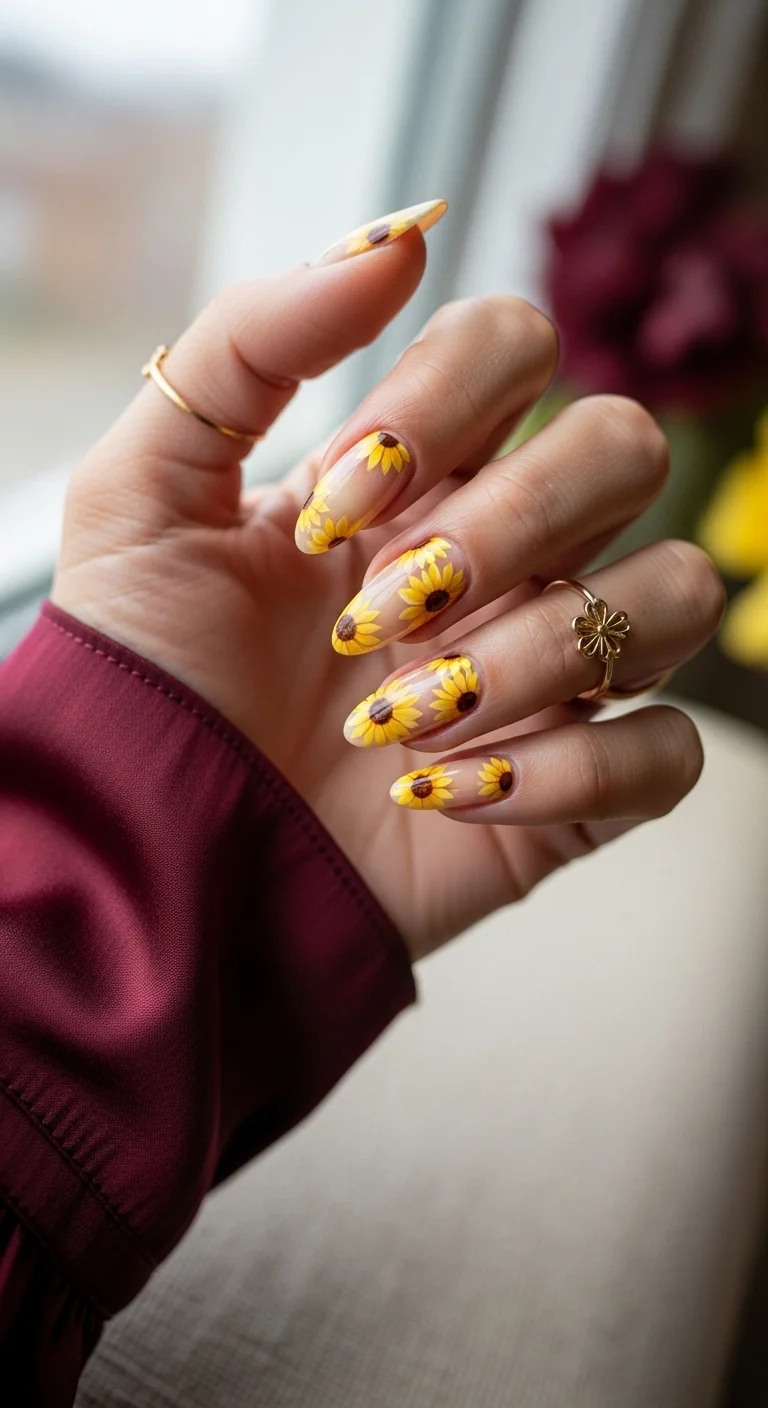 Almond nails with a clear/natural base and simple yellow sunflower art.