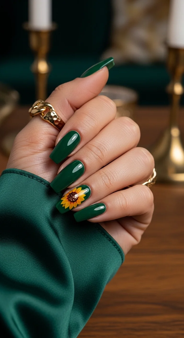 Long green coffin nails with a glittery sunflower accent nail.