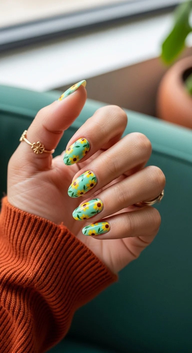 Oval nails with a mint green base and tiny scattered sunflower patterns.