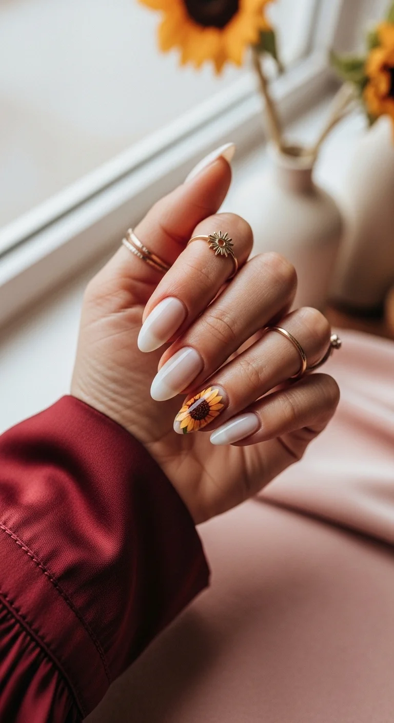 Almond shaped nails with a milky white base and a single realistic sunflower on the ring finger.