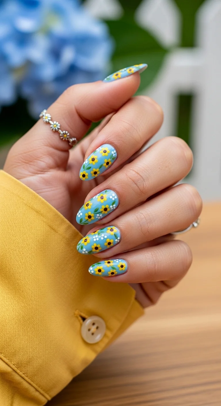 Almond nails with a sky blue base featuring sunflowers and tiny white dots.