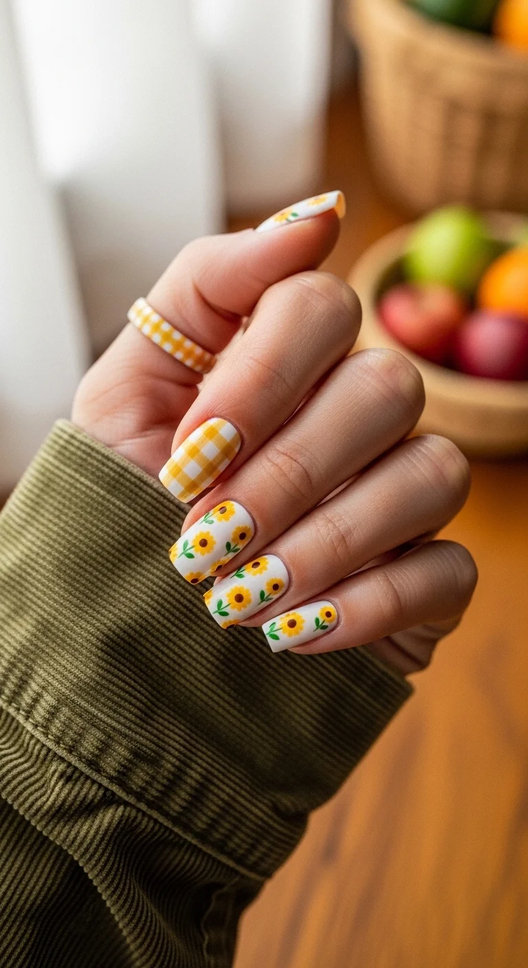 Square nails featuring a mix of sunflower art and yellow gingham patterns.