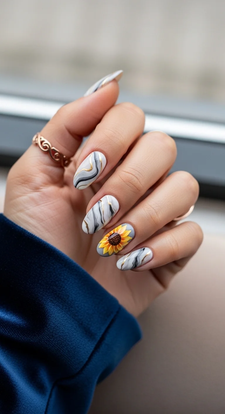 Almond nails with a white and grey marble design and a single sunflower accent.