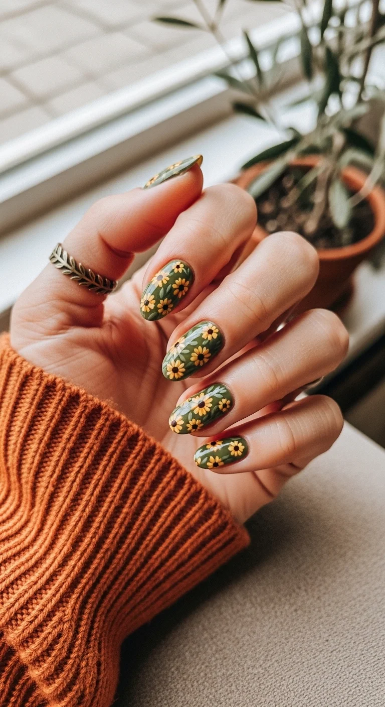Oval nails with a dark olive green base and dense sunflower patterns.