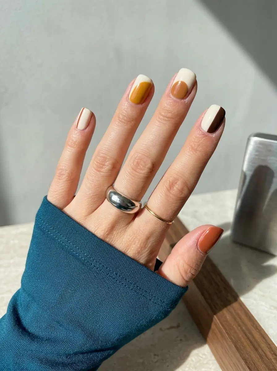 Mustard and Cream Thanksgiving Color-Block Nails
