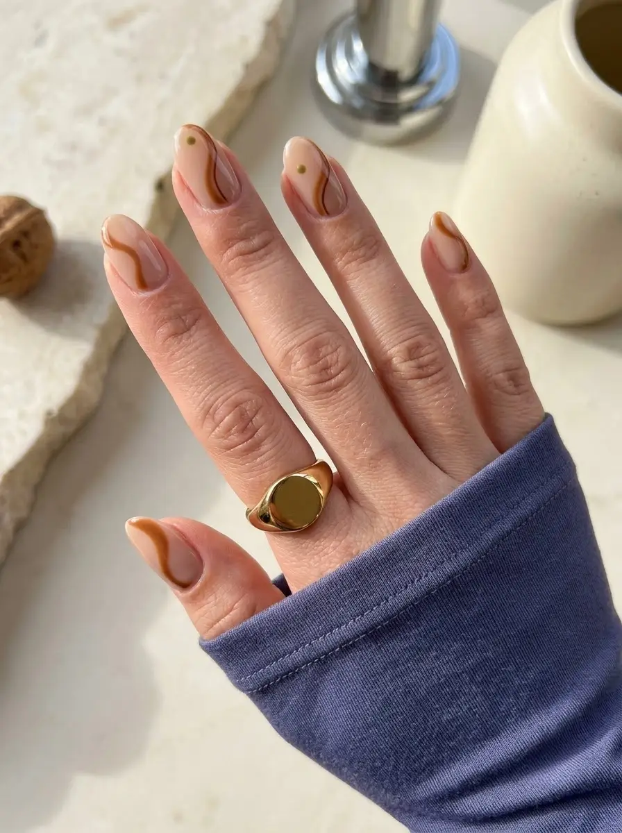 Caramel Swirl Thanksgiving Nails With Gold Accents