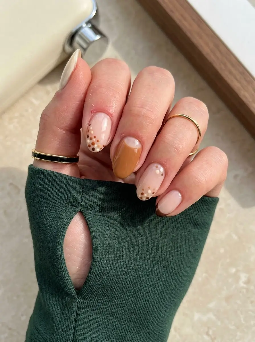 Brown French Thanksgiving Nails With Dot Details