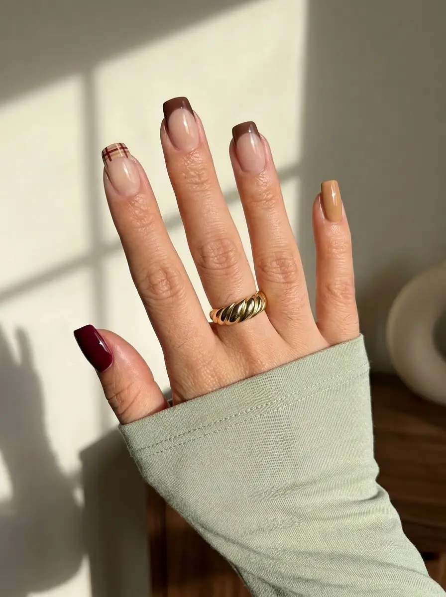 Brown French Thanksgiving Nails With Plaid Accent
