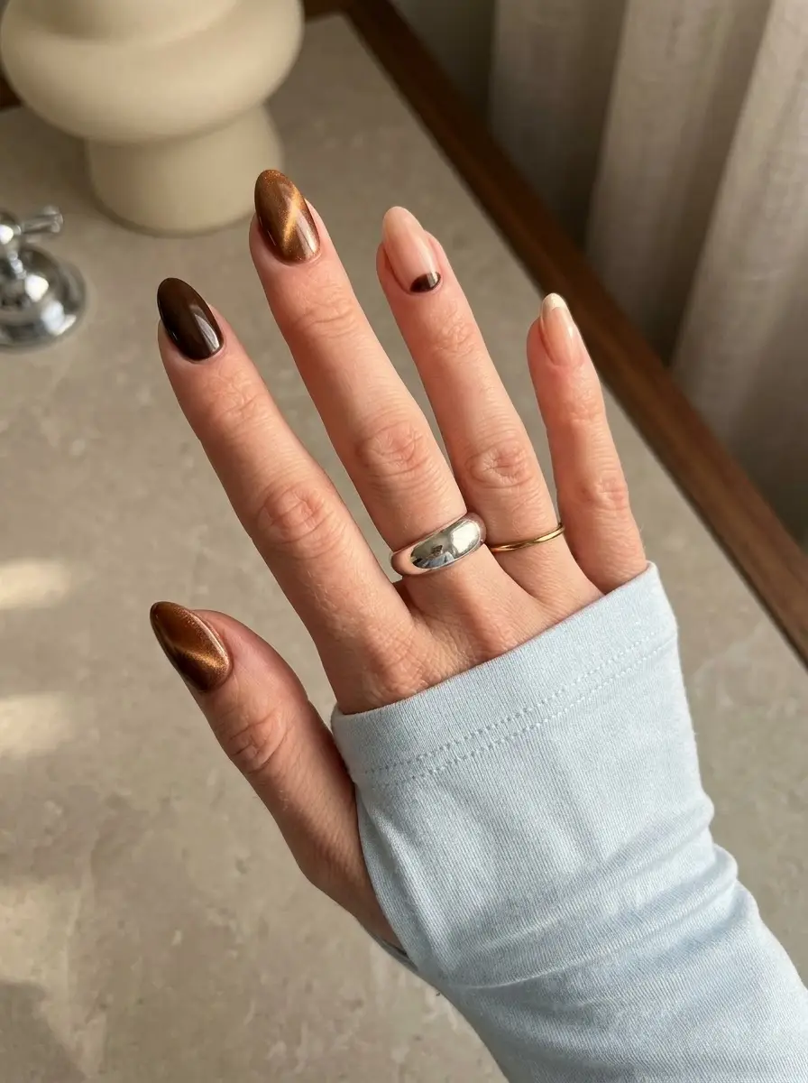 Bronze Cat-Eye Thanksgiving Nails