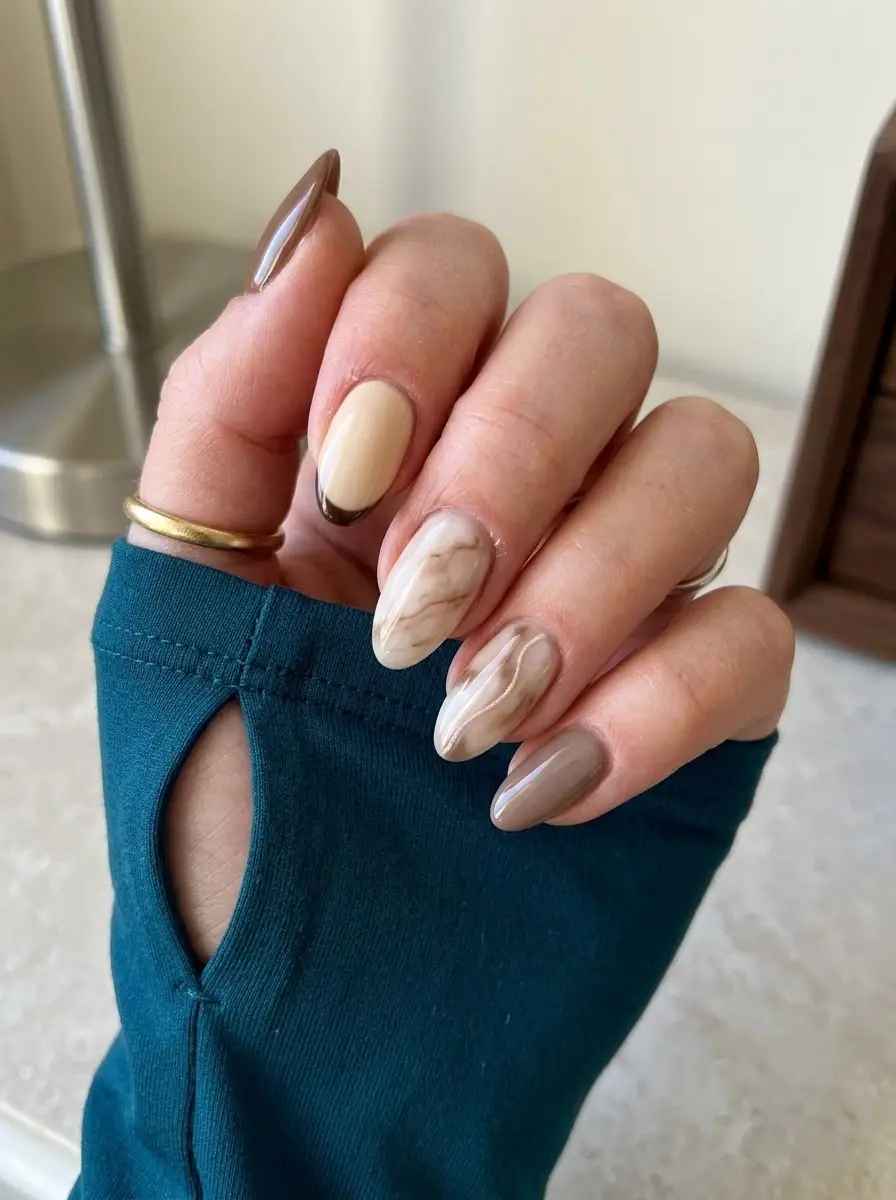 Cream Marble Thanksgiving Nails